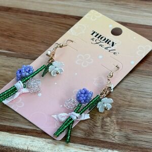 Thorn & Fable Flower Bouquet Earrings Women OS Purple Green Beaded Hot Topic NEW